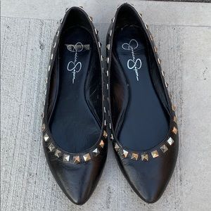 Rockstud style black leather flats in size 9